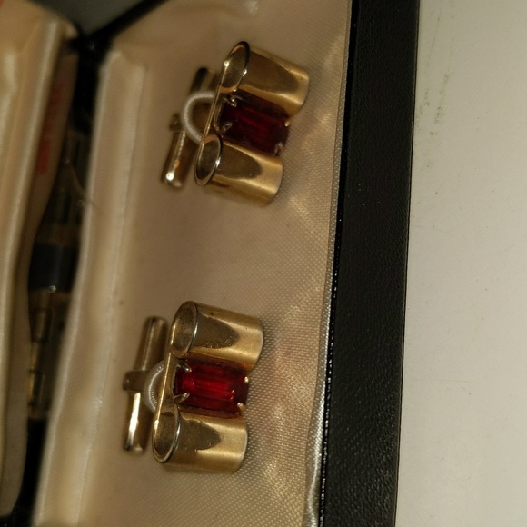 Hickok Signed 1940s Mid Century Ruby Gold Tone Men's Cuff Links Jewelry - Picture 7 of 10